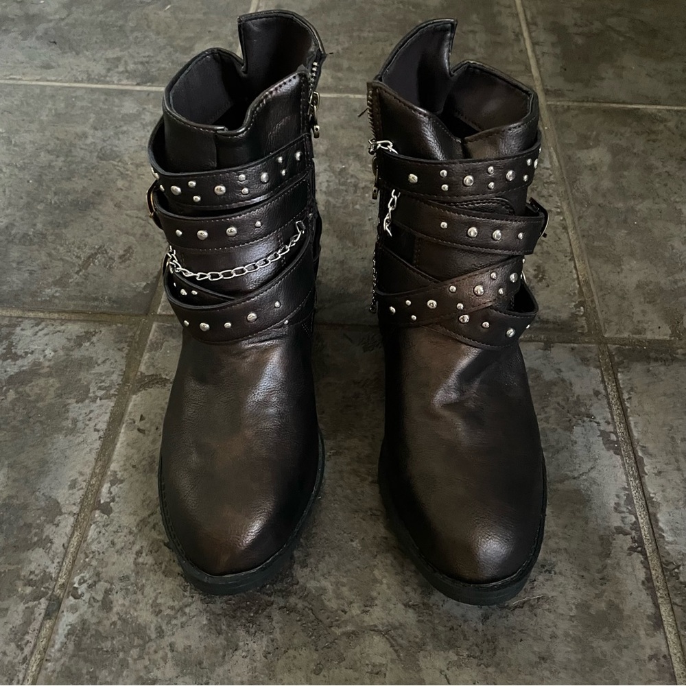Dark Brown Women’s Ankle Boots with Studs and Chains . Stylish